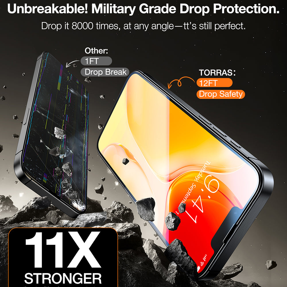 Torras GlassGo Install Master skjermbeskyttelsesfilm for Apple iPhone 17e / 16e / 14 / 13 Pro, Herdet glass, Full lim, Sett med 2 stk