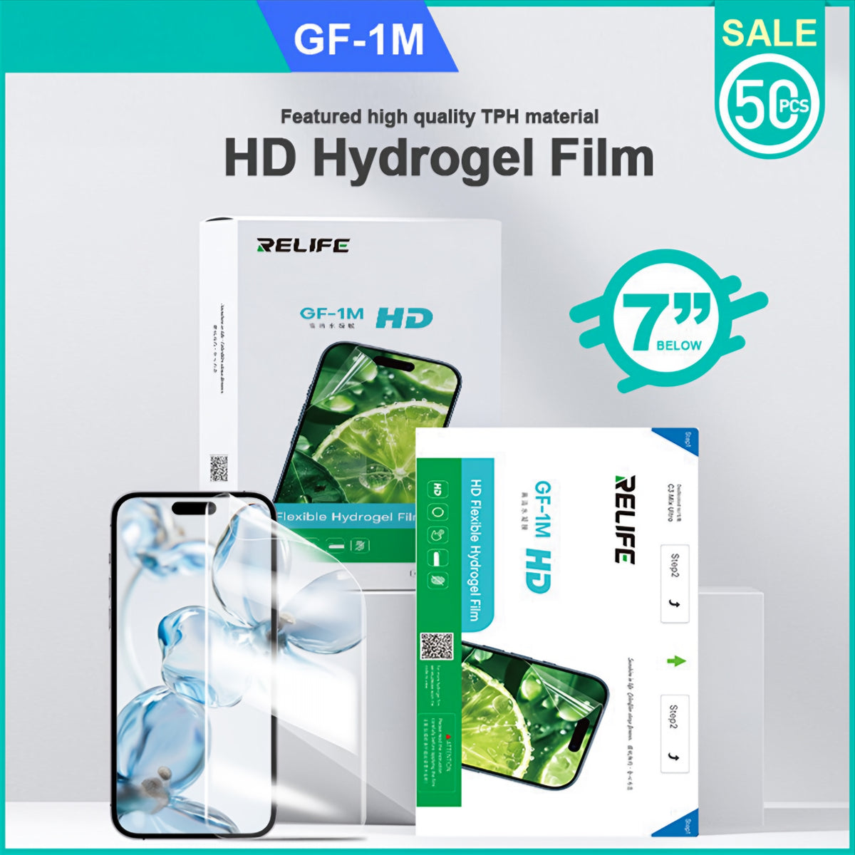Hydrogel / TPU Folie Relife GF-1M for UV Vacuum Laminating Machine Sunshine C3 Mix Ultra, 120mm x 210mm, Sett med 50 stk