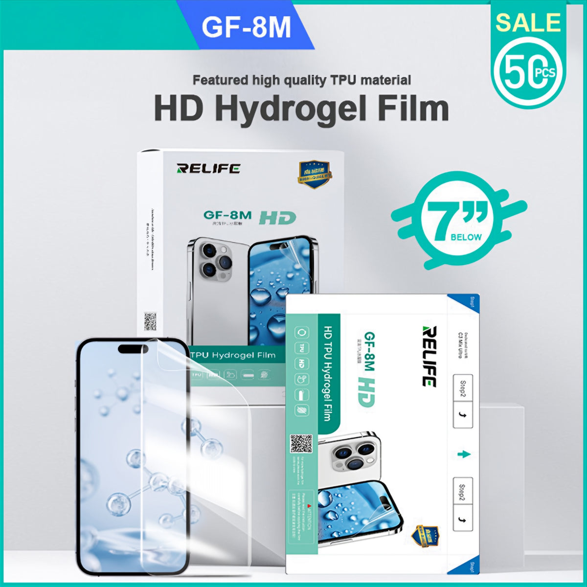 Hydrogel / TPU-film Relife GF-8M for UV Vacuum Laminating Machine Sunshine C3 Mix Ultra, 120mm x 210mm, Sett med 50 stk