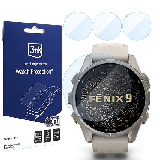 3MK FlexibleGlass Beskyttelsesfilm for Garmin Fenix 9 43mm, Sett med 3 stk, Fleksibelt Glass