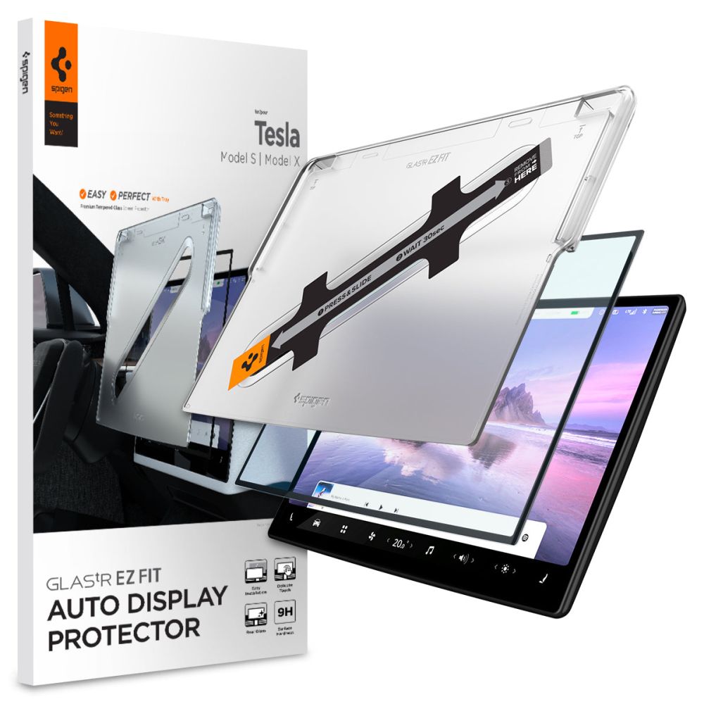 Spigen GlastR EZ FIT beskyttelsesfilm for Tesla X / S navigasjon (2022 - 2021), Herdet glass, Svart AGL04688