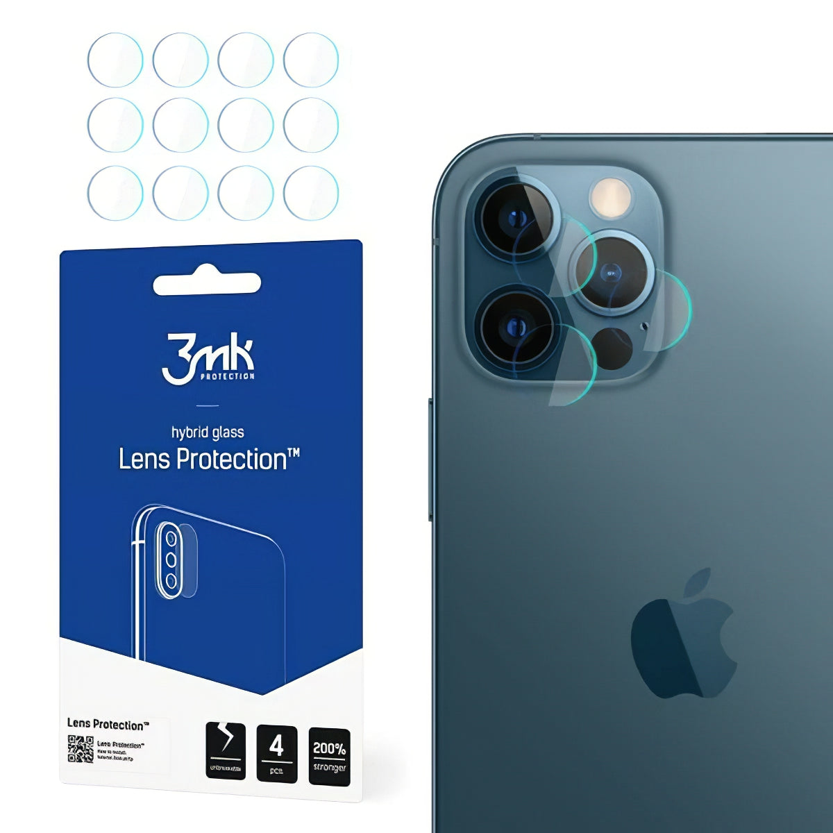 Bakre kameralinsebeskyttelse 3MK Protection for Apple iPhone 12 Pro, fleksibelt glass, sett med 4 stk, gjennomsiktig