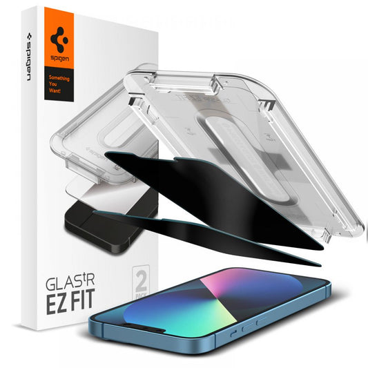 Privacy-skjermbeskyttelse Spigen GlastR EZ FIT for Apple iPhone 17e / 16e / 14 / 13 Pro, Herdet glass, Full lim, Sett med 2 stk AGL03388