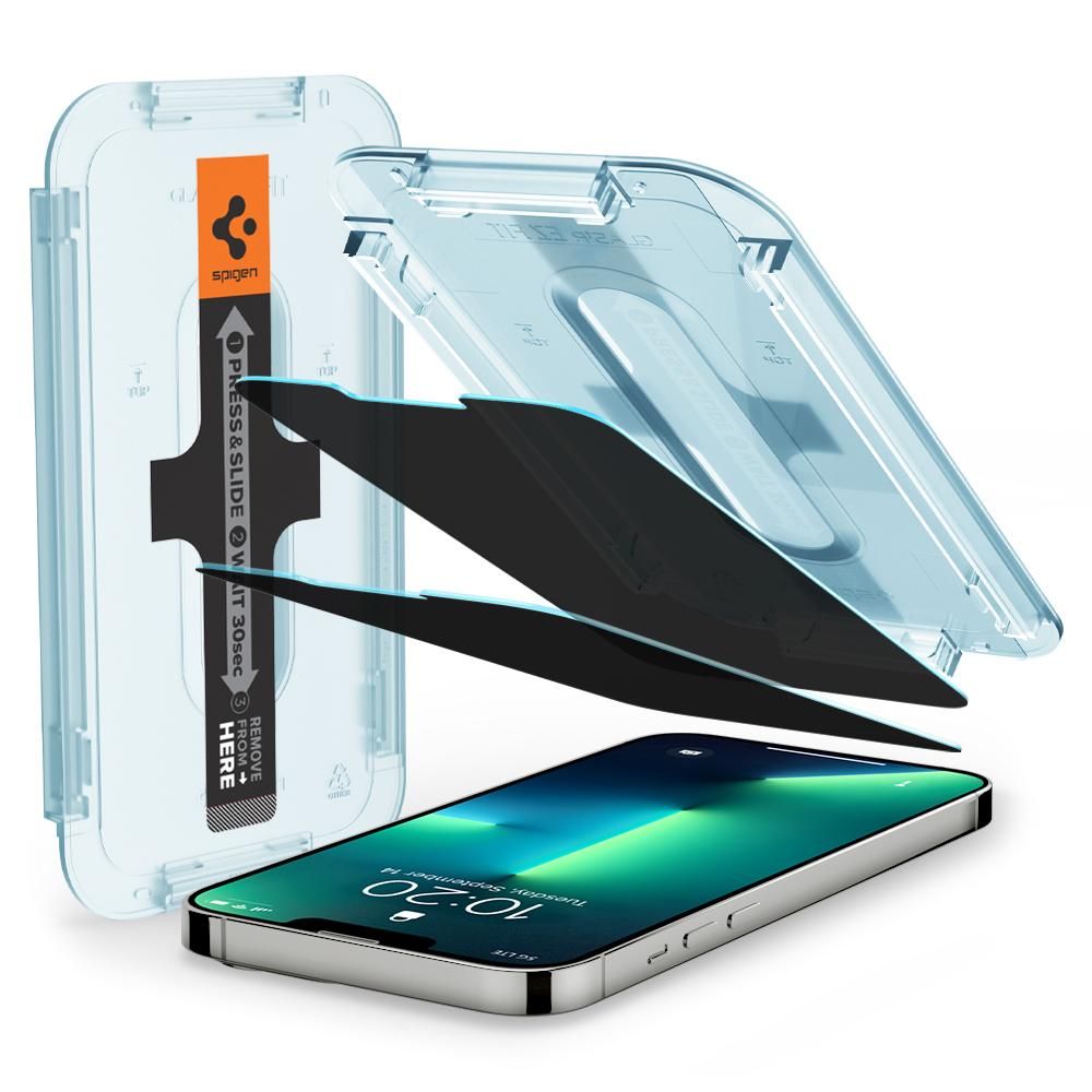 Privacy-skjermbeskyttelse Spigen GlastR EZ FIT for Apple iPhone 17e / 16e / 14 / 13 Pro, Herdet glass, Full lim, Sett med 2 stk AGL03388