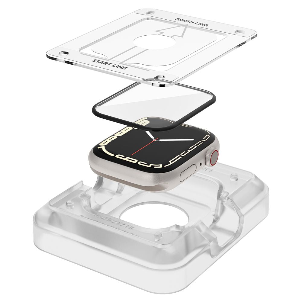 Spigen ProFlex EZ FIT beskyttelsesfilm for Apple Watch 9 / 8 / 7 45mm Series, Sett med 2 stykker, Fleksibelt glass, Svart AFL04051