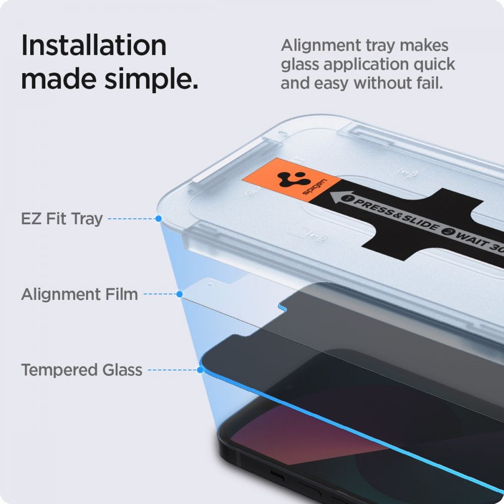 Privacy-skjermbeskyttelse Spigen GlastR EZ FIT for Apple iPhone 17e / 16e / 14 / 13 Pro, Herdet glass, Full lim, Sett med 2 stk AGL03388
