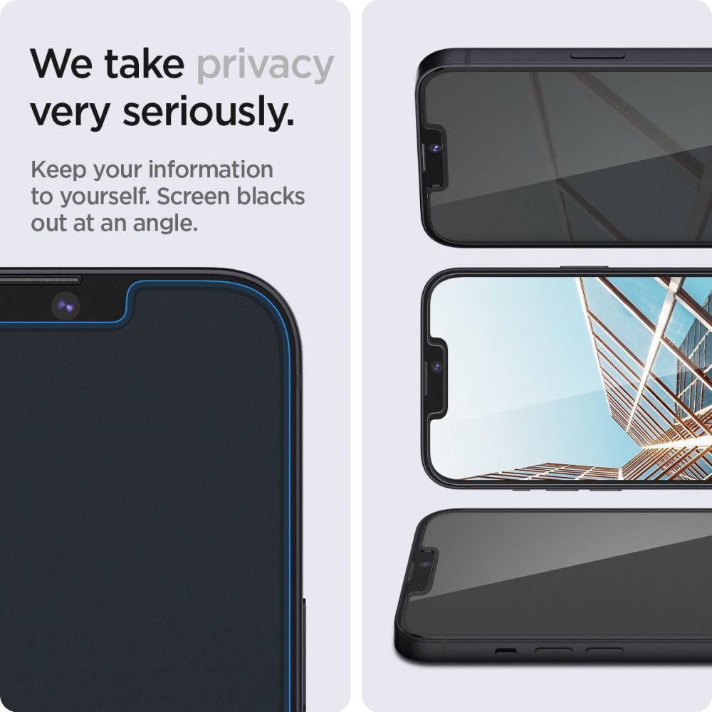 Privacy-skjermbeskyttelse Spigen GlastR EZ FIT for Apple iPhone 17e / 16e / 14 / 13 Pro, Herdet glass, Full lim, Sett med 2 stk AGL03388