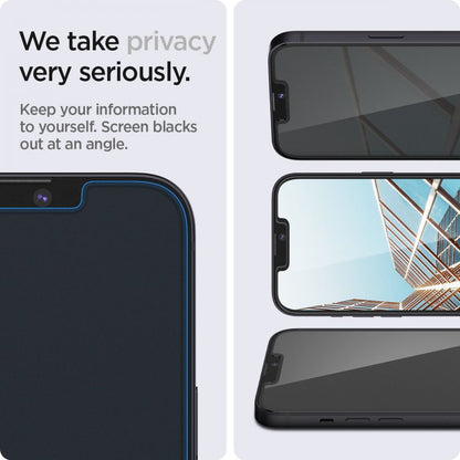 Privacy-skjermbeskyttelse Spigen GlastR EZ FIT for Apple iPhone 17e / 16e / 14 / 13 Pro, Herdet glass, Full lim, Sett med 2 stk AGL03388