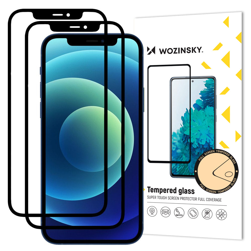WZK skjermbeskyttelsesfilm for Apple iPhone 12 / 12 Pro, Herdet glass, Full lim, Sett med 2 stk, Case Friendly, Svart
