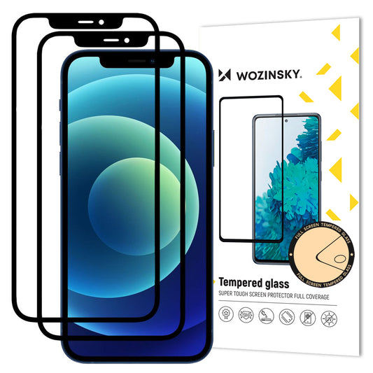 WZK skjermbeskyttelsesfilm for Apple iPhone 12 / 12 Pro, Herdet glass, Full lim, Sett med 2 stk, Case Friendly, Svart
