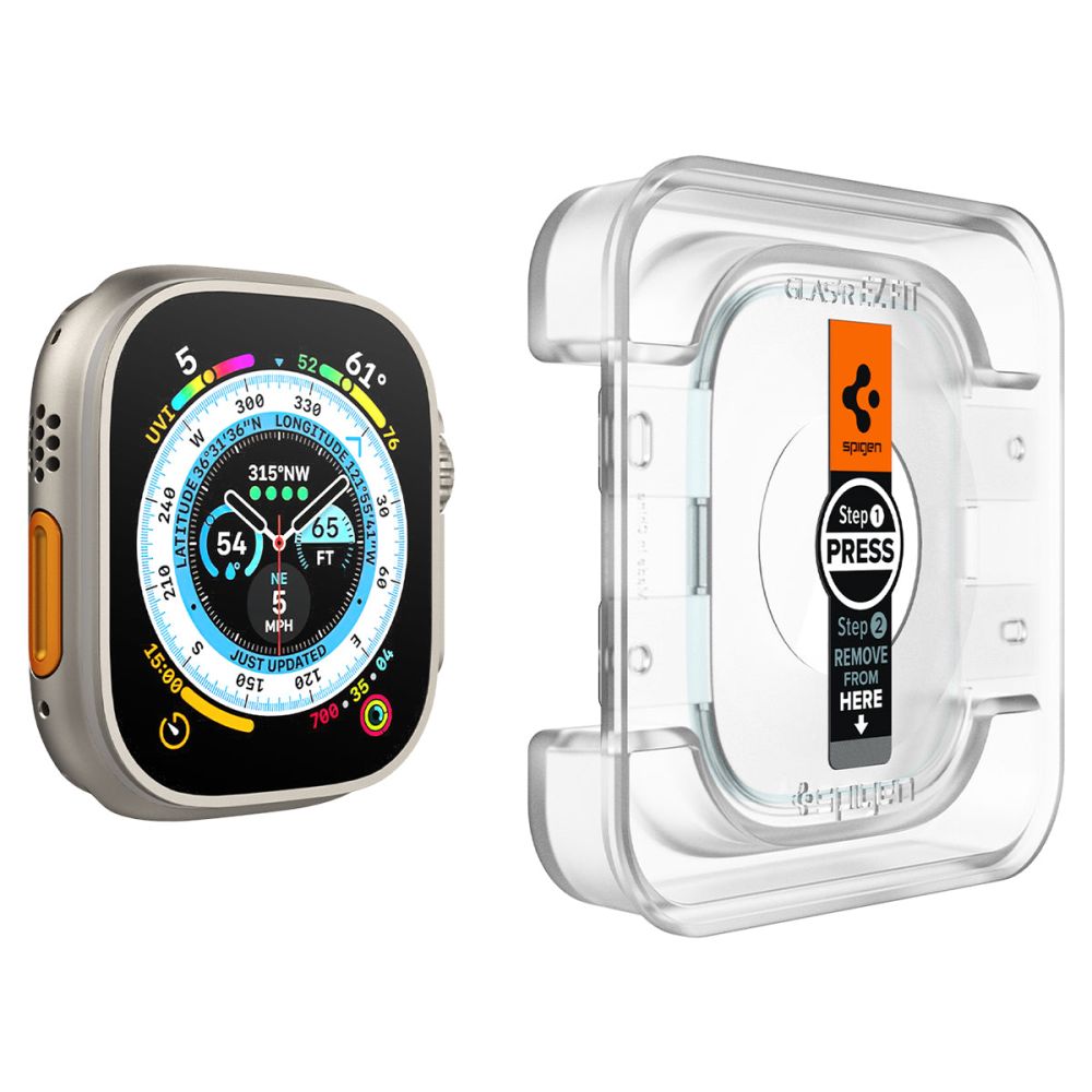 Spigen GlastR EZ FIT Beskyttelsesfilm for Apple Watch Ultra Series, Sett med 2 stk, Herdet Glass AGL05556