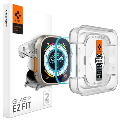 Spigen GlastR EZ FIT Beskyttelsesfilm for Apple Watch Ultra Series, Sett med 2 stk, Herdet Glass AGL05556
