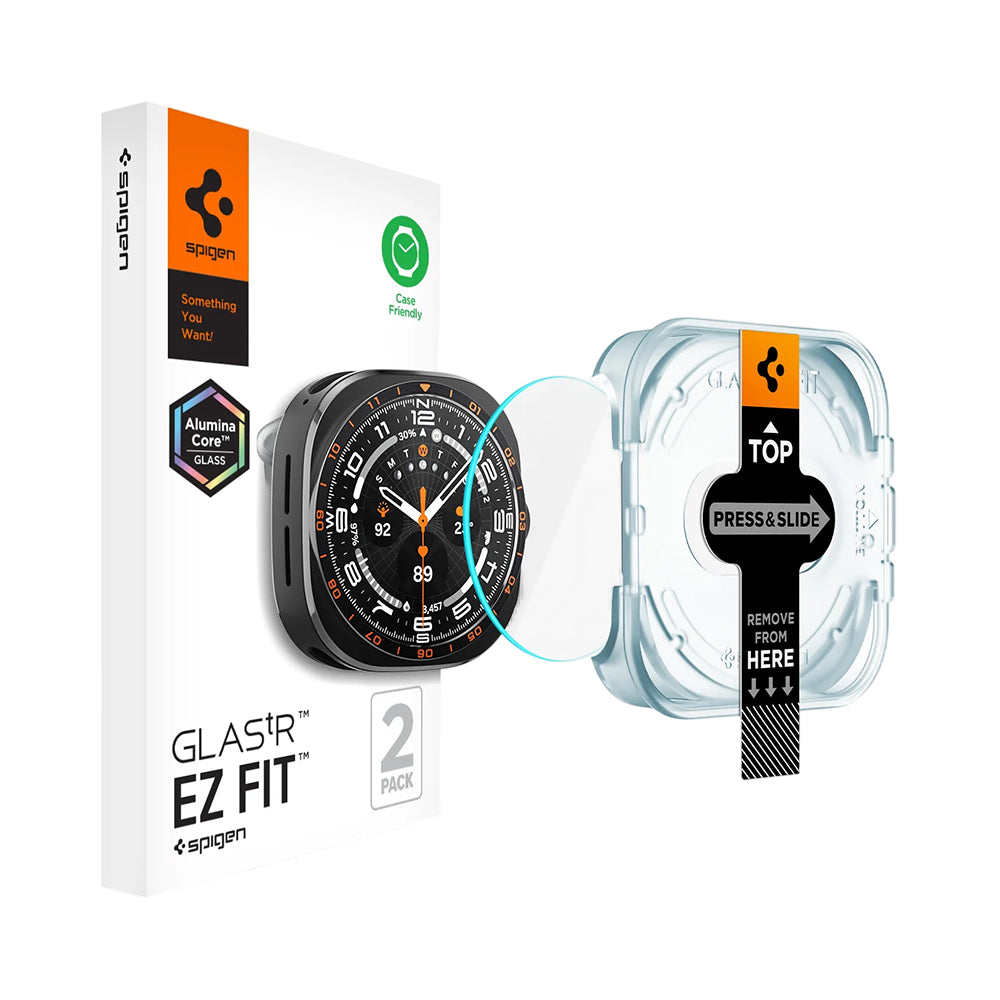 Spigen GlastR EZ FIT beskyttelsesfilm for Samsung Galaxy Watch Ultra2, herdet glass, sett med 2 stk AGL11758