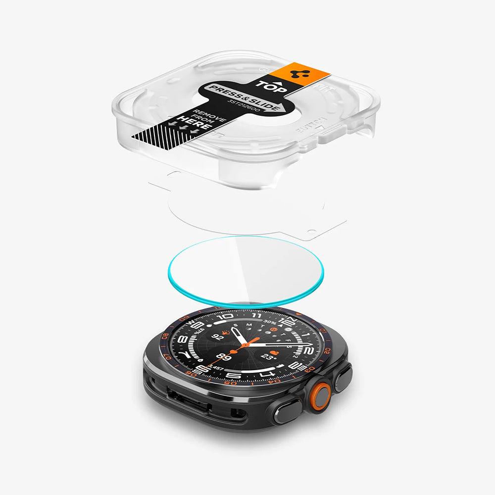 Spigen GlastR EZ FIT beskyttelsesfilm for Samsung Galaxy Watch Ultra2, herdet glass, sett med 2 stk AGL11758