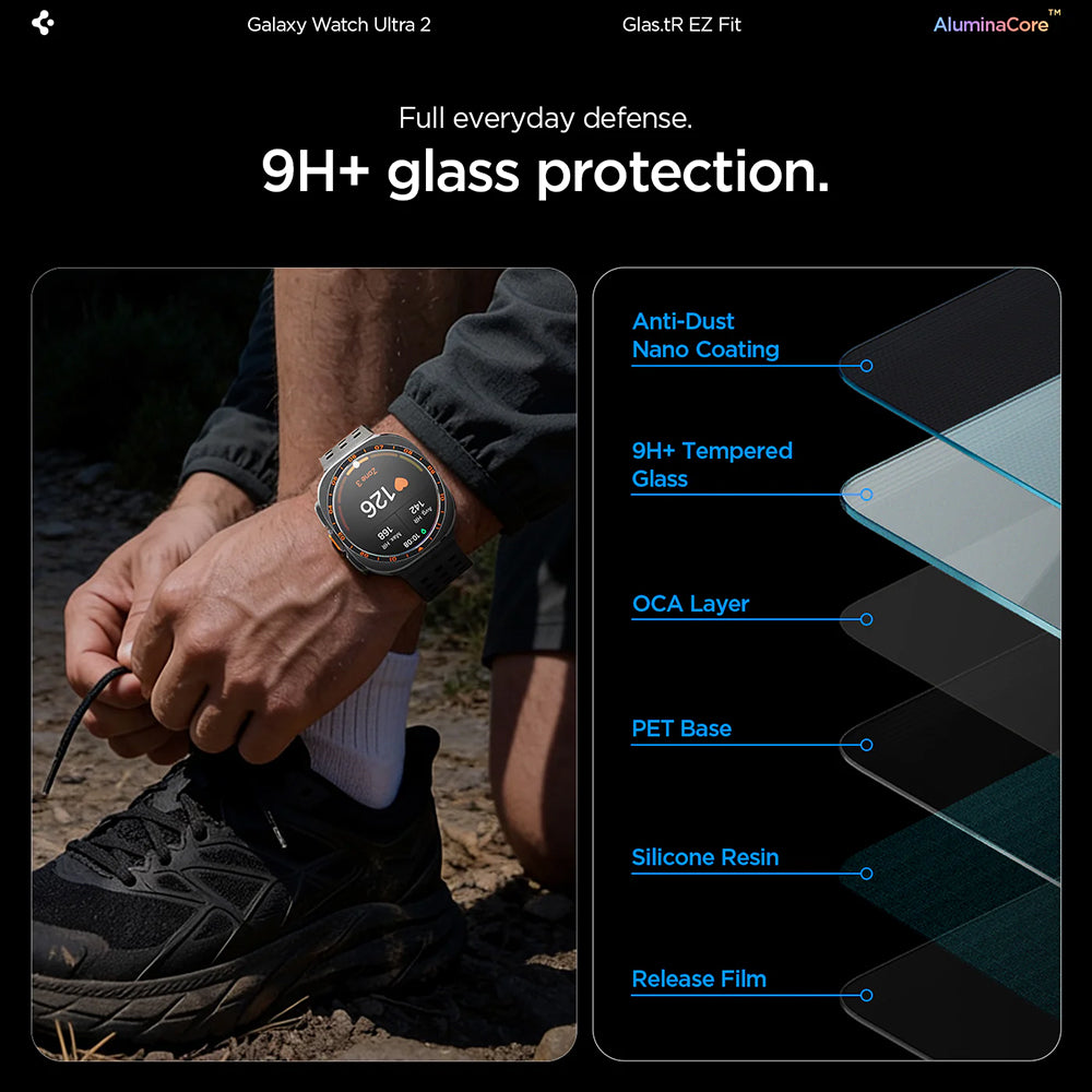 Spigen GlastR EZ FIT beskyttelsesfilm for Samsung Galaxy Watch Ultra2, herdet glass, sett med 2 stk AGL11758