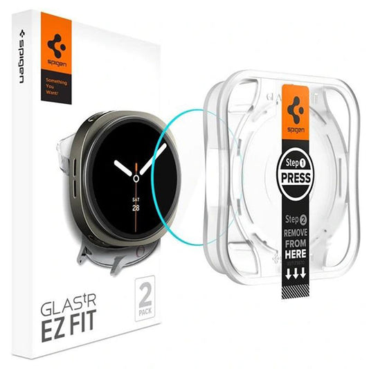 Spigen GlastR EZ FIT beskyttelsesfilm for Samsung Galaxy Watch8 44mm, Sett med 2 stykker, Herdet glass AGL09874