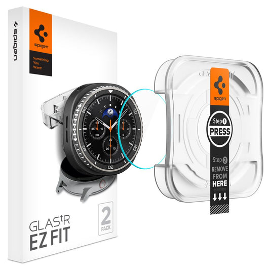 Spigen GlastR EZ FIT beskyttelsesfilm for Samsung Galaxy Watch8 Classic, Sett med 2 stykker, Herdet glass AGL09877