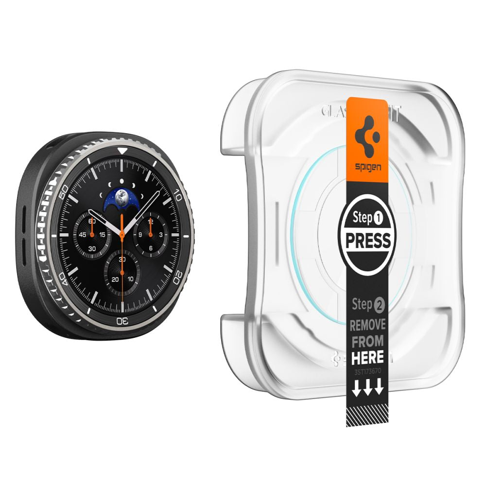 Spigen GlastR EZ FIT beskyttelsesfilm for Samsung Galaxy Watch8 Classic, Sett med 2 stykker, Herdet glass AGL09877