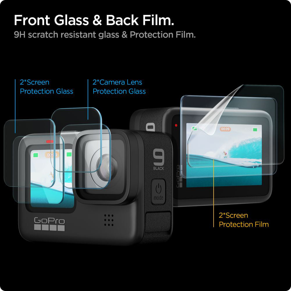 Skjermbeskytter og linsebeskytter Spigen GlastR Slim for GoPro Hero 12 / 9 / 10 / 11, Herdet glass, Sett med 6 deler AGL03045