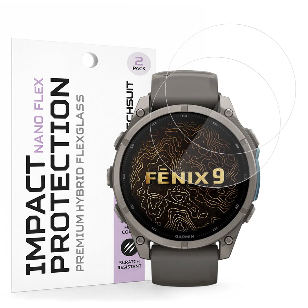 Techsuit Nano Flex Beskyttelsesfilm for Garmin Fenix 9 Pro 43mm / Fenix 9 43mm, Sett med 2 stk, Plast, Svart