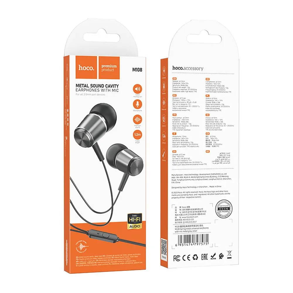 Handsfree 3.5mm HOCO M108, Grå