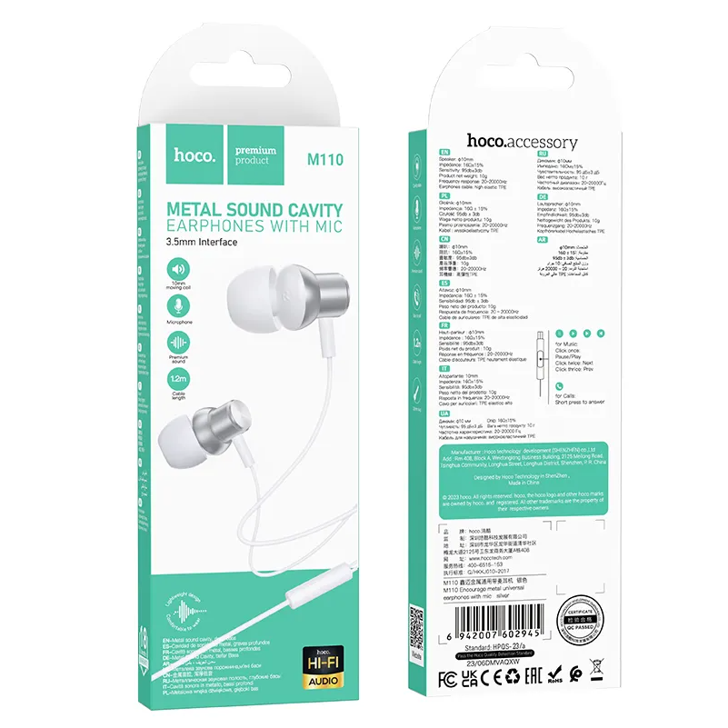 Handsfree 3.5mm HOCO M110, Sølv