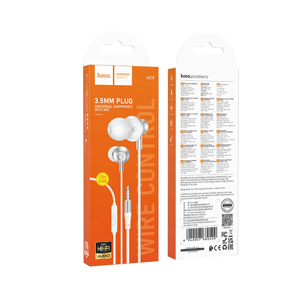 Handsfree 3,5 mm HOCO M119, Sølv