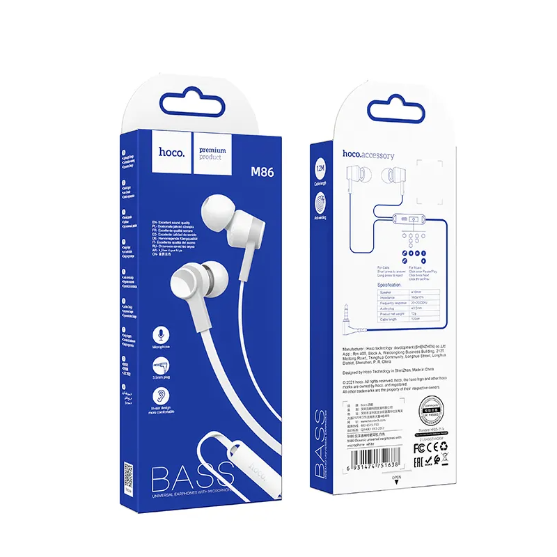 Handsfree 3.5mm HOCO M86, Hvit