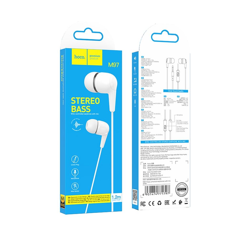 Handsfree 3.5mm HOCO M97, Hvit