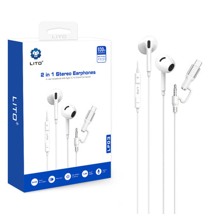 Handsfree 3.5mm / USB-C Lito LF03, Hvit