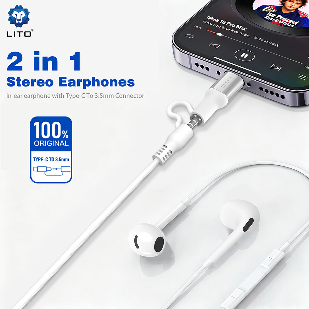 Handsfree 3.5mm / USB-C Lito LF03, Hvit