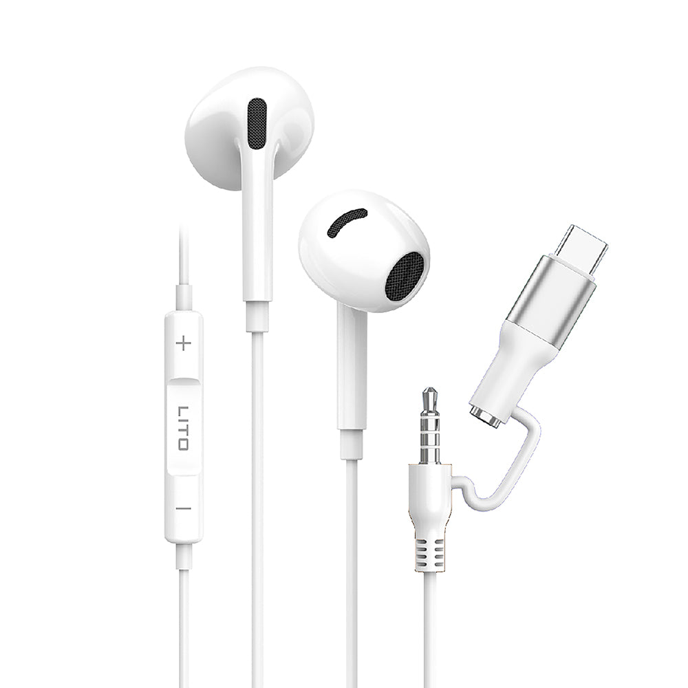 Handsfree 3.5mm / USB-C Lito LF03, Hvit