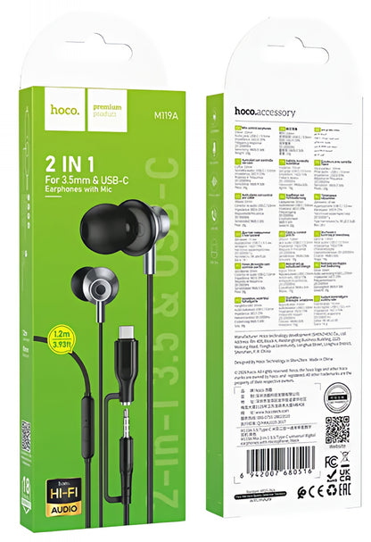 Handsfree 3,5 mm / USB-C HOCO M119A, Svart