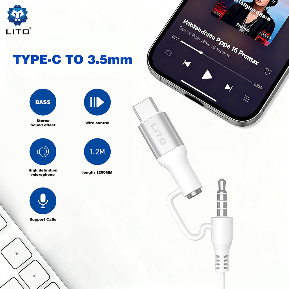 Handsfree 3.5mm / USB-C Lito LF03, Hvit