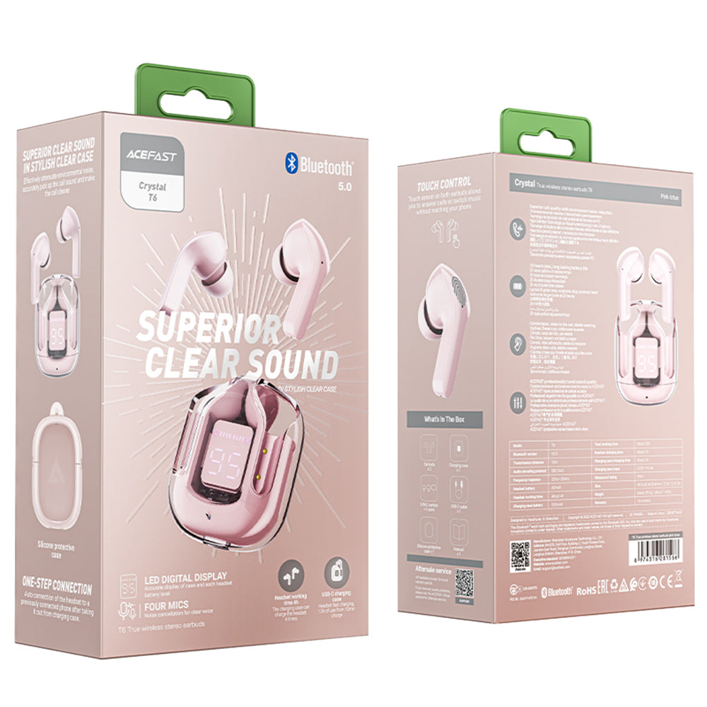 Handsfree Bluetooth Acefast T6, TWS, Rosa