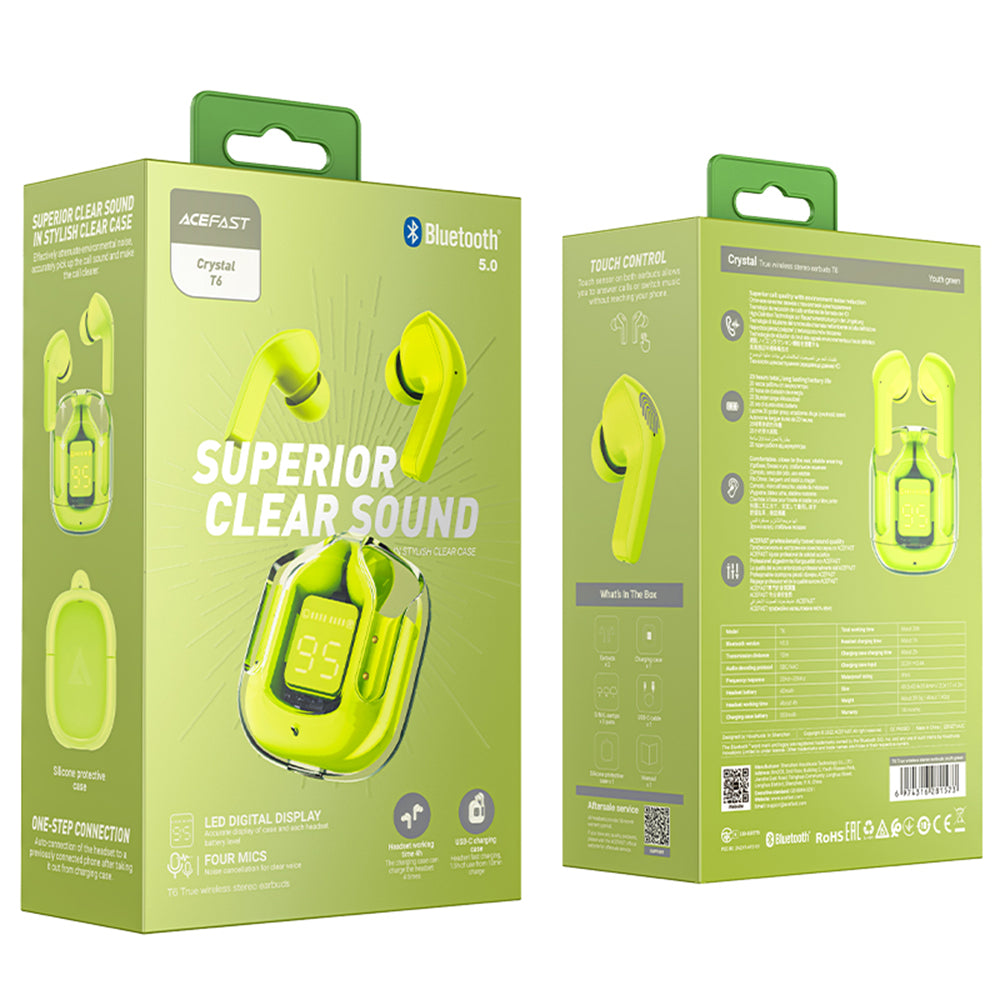Handsfree Bluetooth Acefast T6, TWS, Grønn