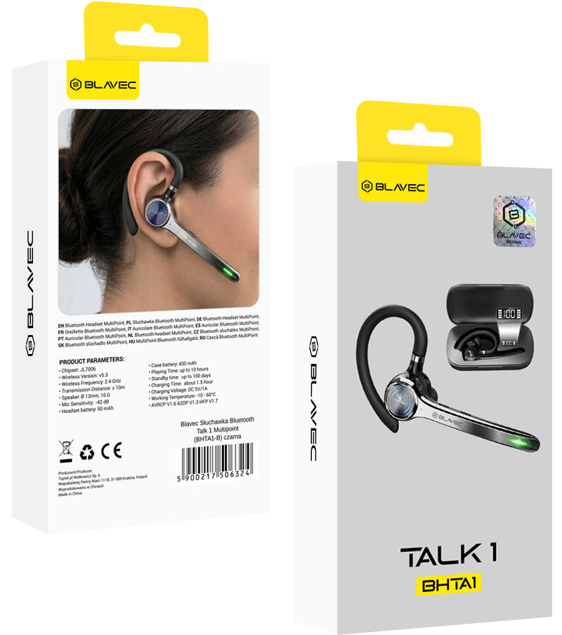 Blavec Talk 1 Bluetooth-håndfri, MultiPoint, A2DP, svart