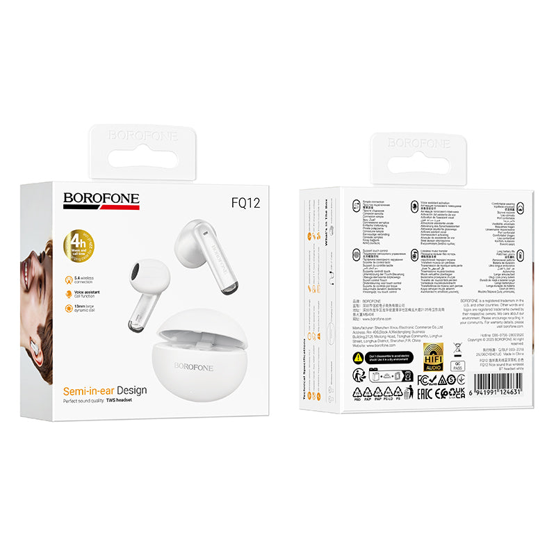 Handsfree Bluetooth Borofone FQ12 Nice, TWS, Hvit
