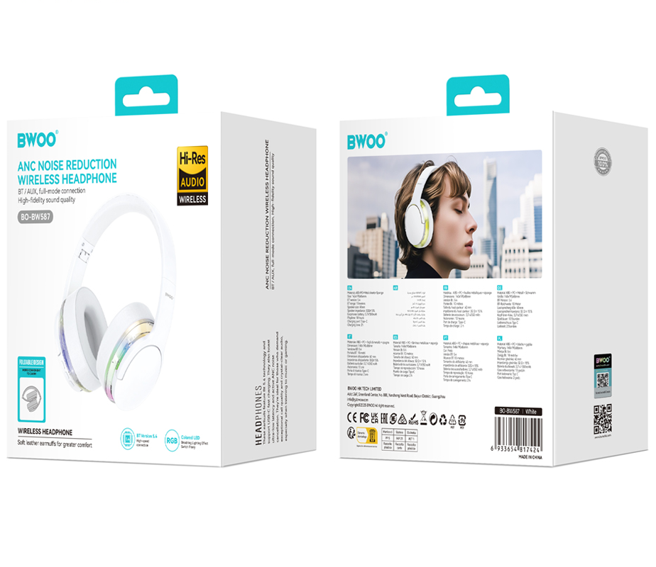 Bluetooth-håndfri BWOO BO-BW587, A2DP, ANC, Hvit