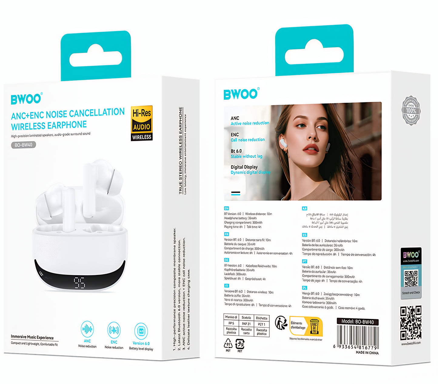Bluetooth-håndfri BWOO BW40, TWS, ANC, Hvit