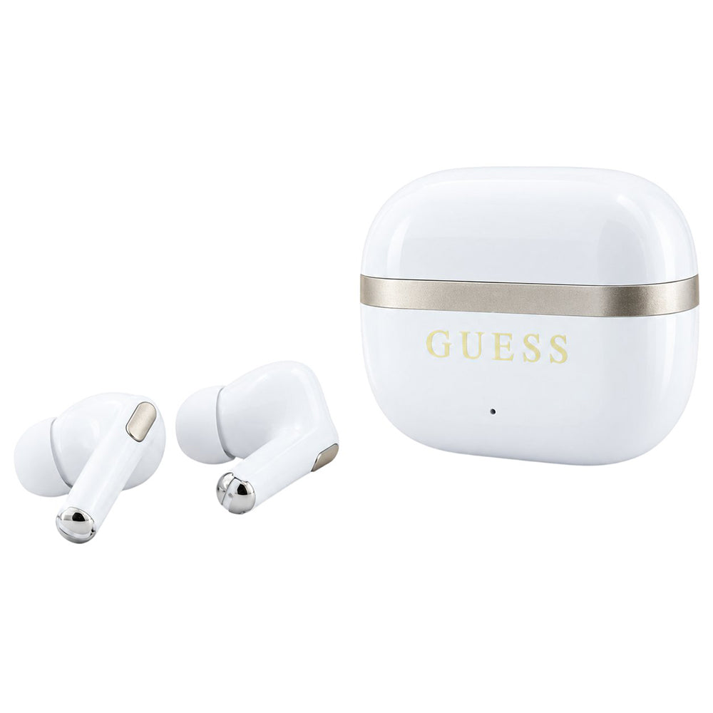 Guess Bluetooth-håndfrie ørepropper Glossy Gold Line Printed Classic Logo, TWS, hvite