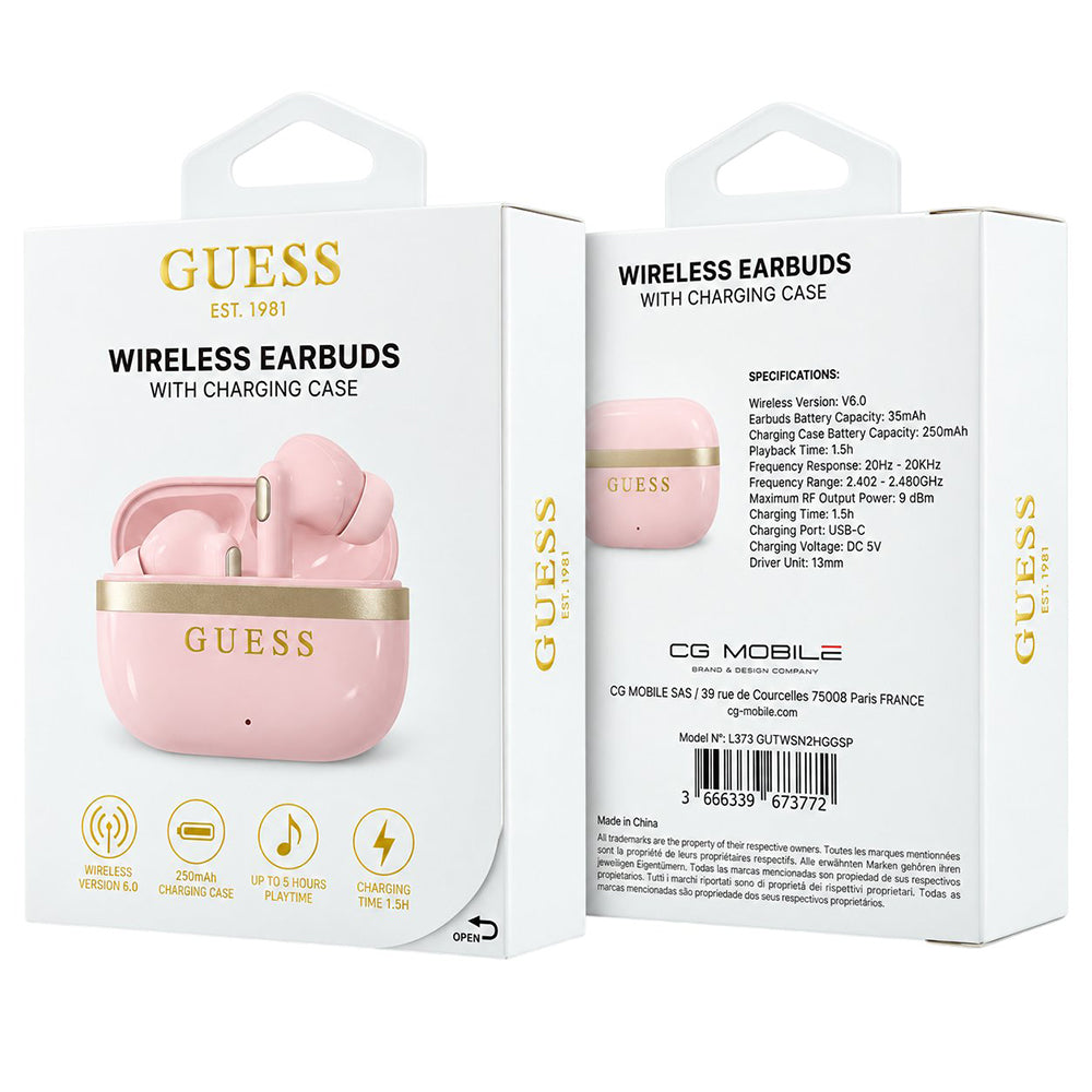 Guess Glossy Gold Line Printed Classic Logo Bluetooth-håndfrie ørepropper, TWS, rosa