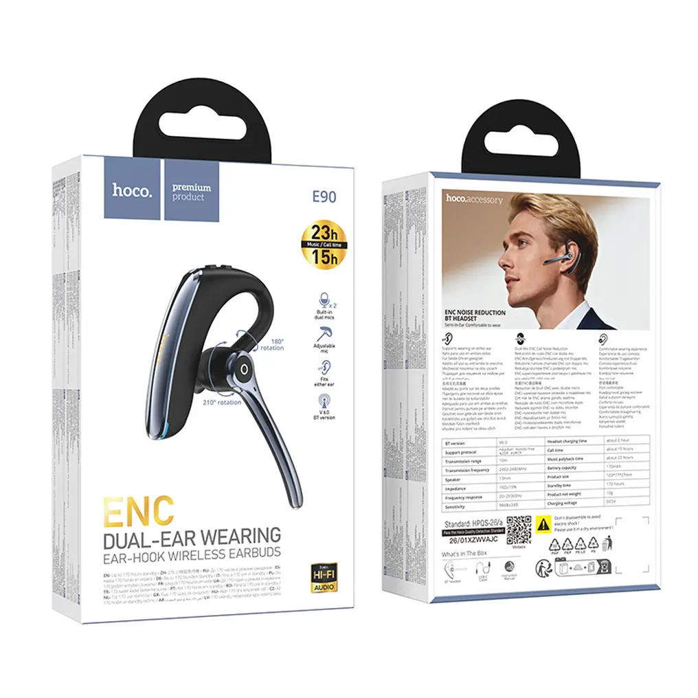 Bluetooth-håndfri HOCO E90, A2DP, Svart