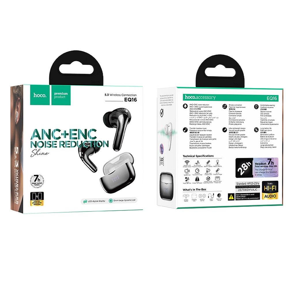 Handsfree Bluetooth HOCO EQ16, TWS, ANC, Svart