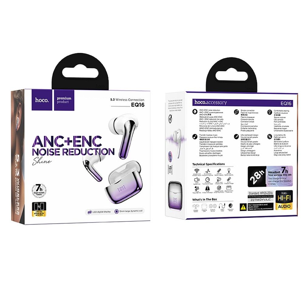 Bluetooth håndfri Bluetooth HOCO EQ16, TWS, ANC, Lilla 