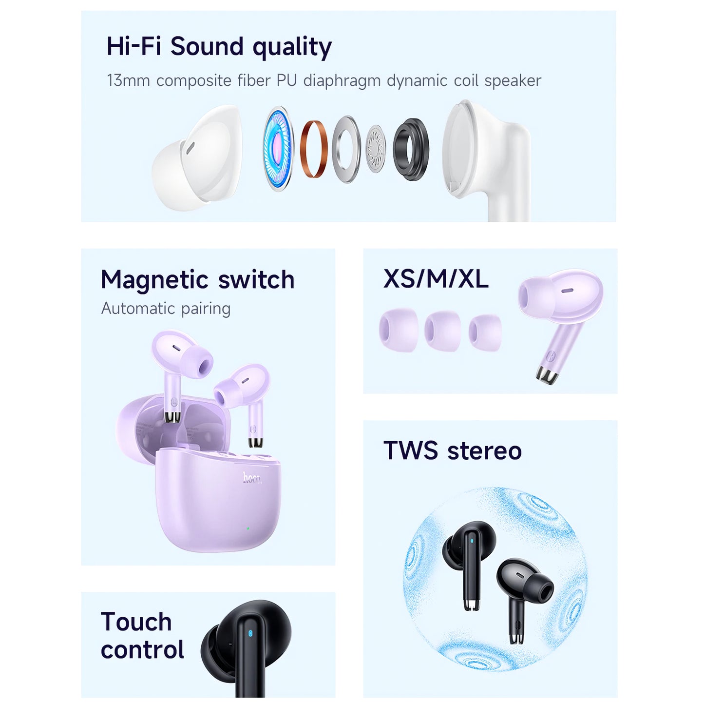 Håndfri Bluetooth HOCO EQ2, TWS, Mov 