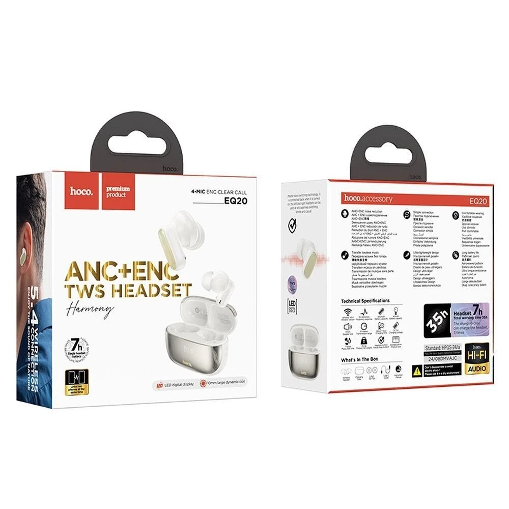 Handsfree Bluetooth HOCO EQ20, TWS, ANC, MultiPoint, Hvit