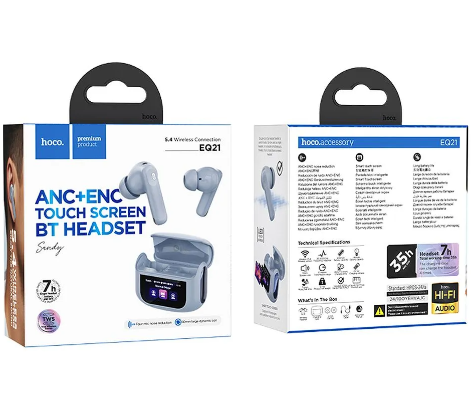 Handsfree Bluetooth HOCO EQ21, TWS, ANC, Blå