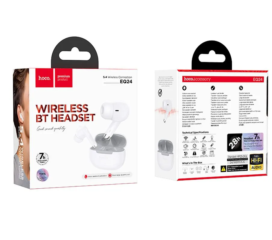 Handsfree Bluetooth HOCO EQ24, TWS, Hvit