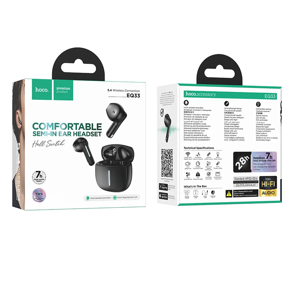 Handsfree Bluetooth HOCO EQ33, TWS, Svart